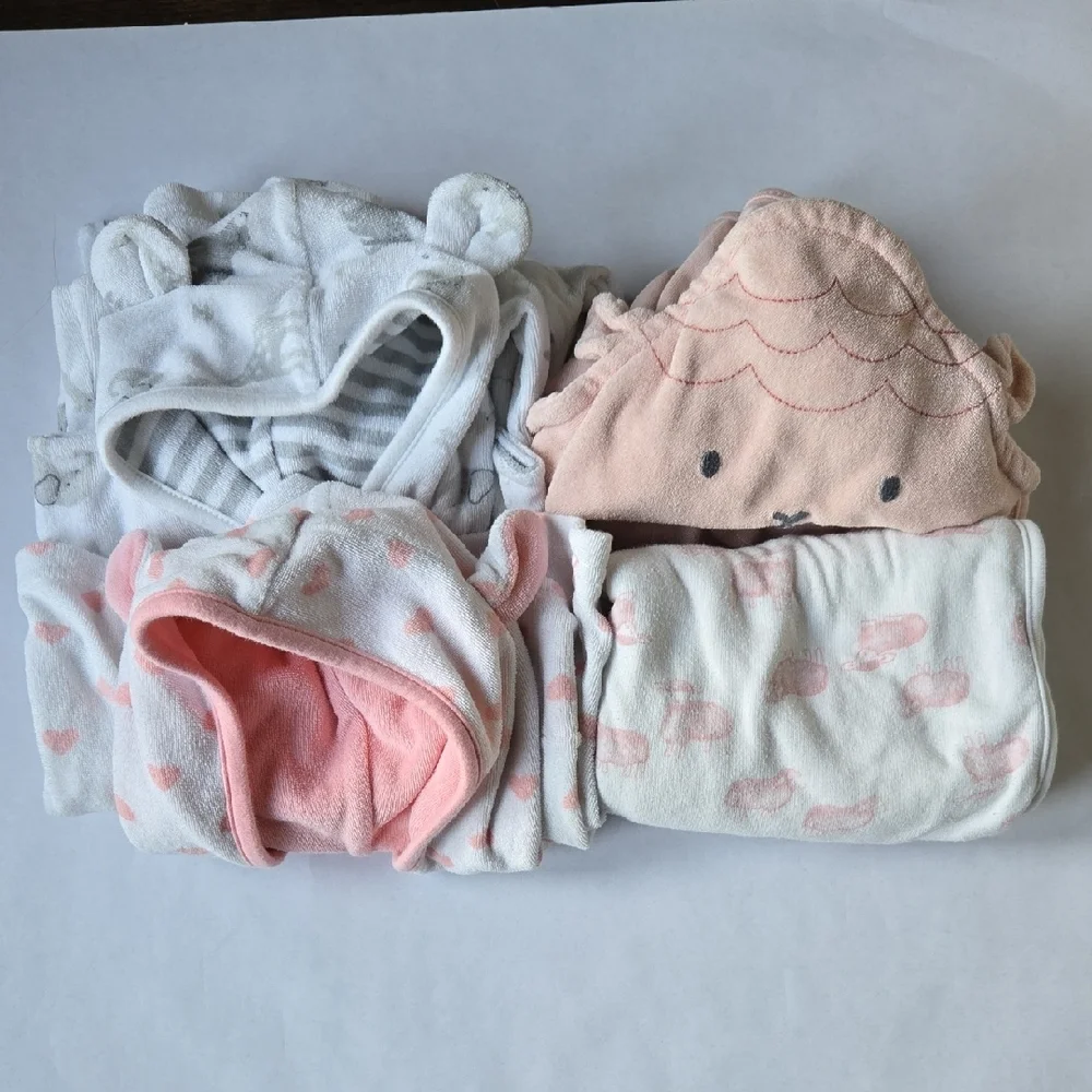 Set of 4 - Carter's Baby Girl Bath Towels and Robe Bundle.